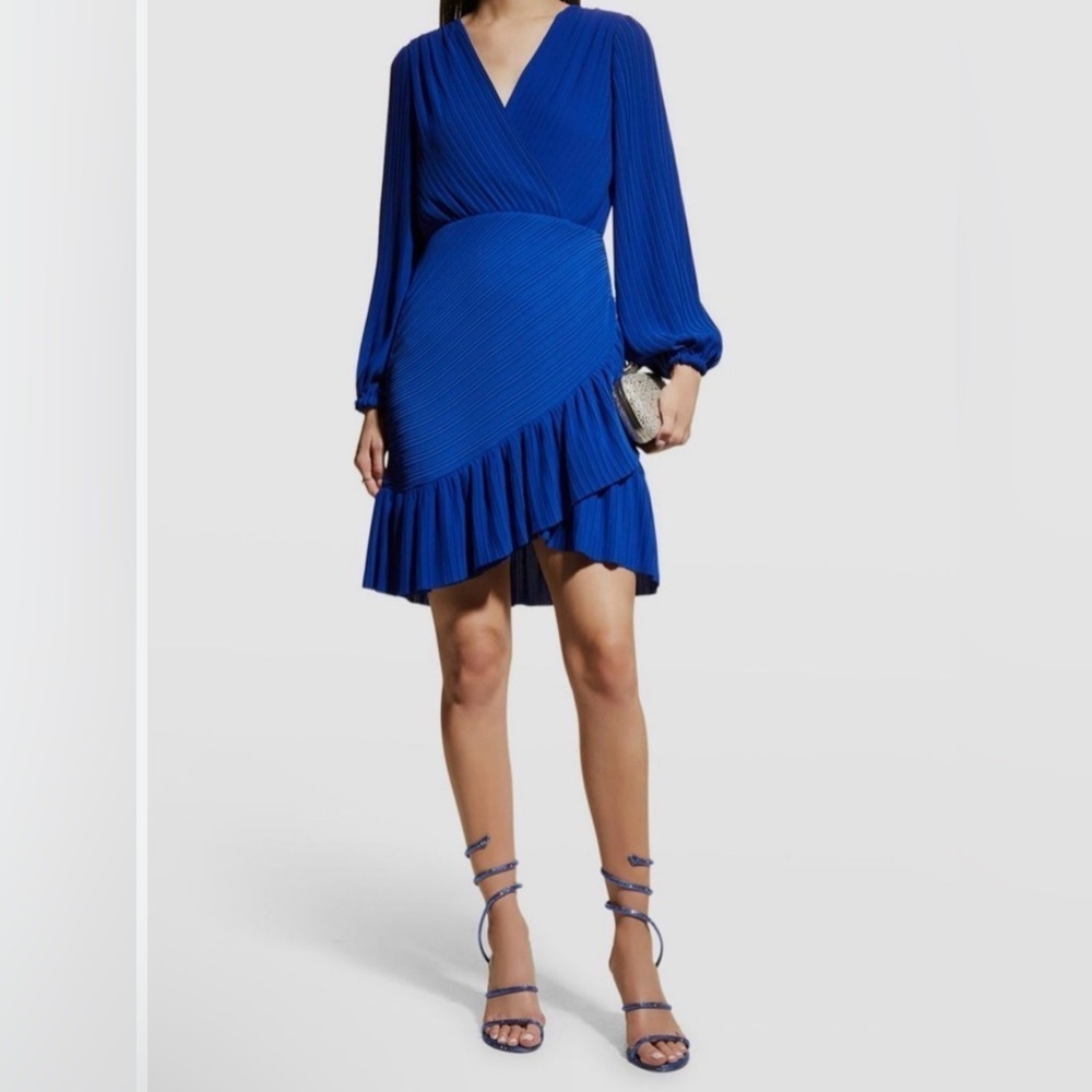 EUC ONE33 Social- Vibrant Blue Suplice Neckline Pleated Dress. Size 10